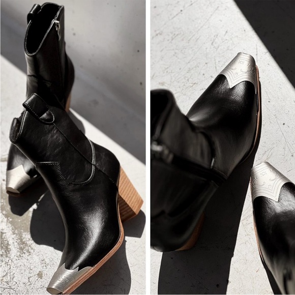 Black Faux Leather Bootie Metal Toe Block Heel Cowgirl Western Ankle Boot - Picture 10 of 12